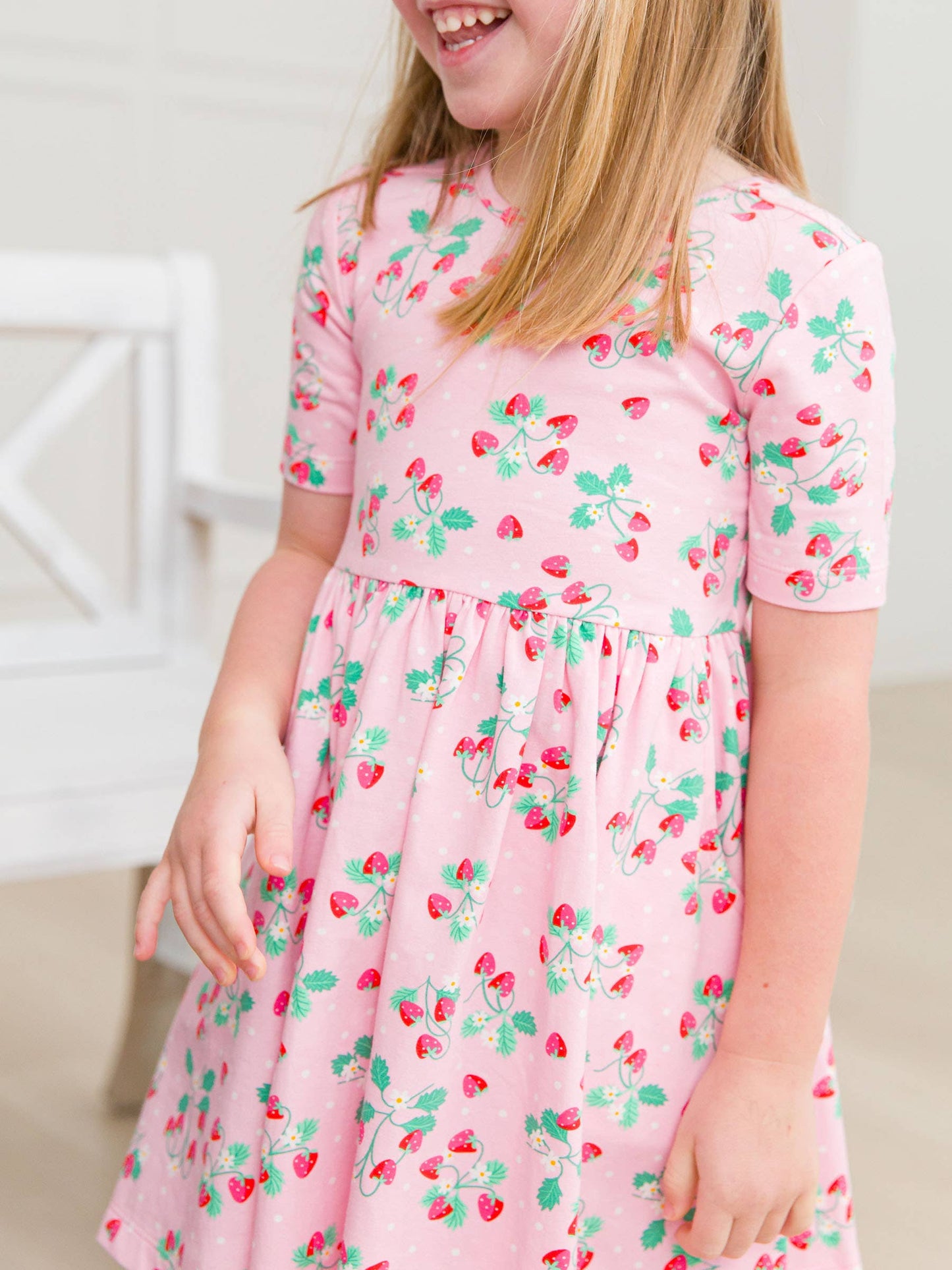 Girls Sweet As Strawberries Short Sleeve Knit Twirl Dress: Pink / 12-18m