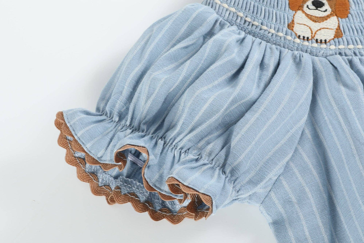 Light Blue Puppy Smocked Bishop Dress: 12-18M