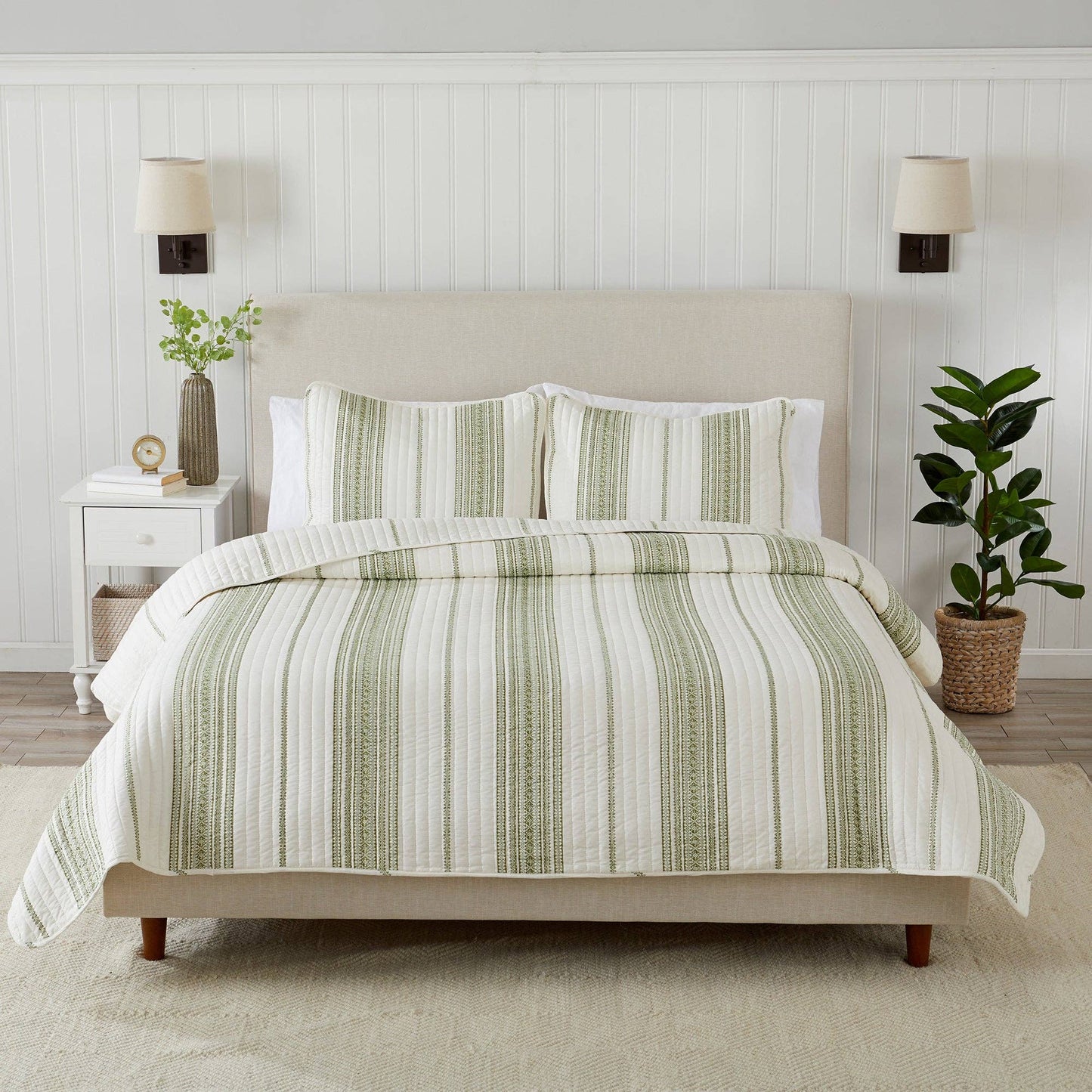 3-Piece Stripe Quilt - Wesley Collection: Wesley - White/Green / Twin - Edwina Alexis