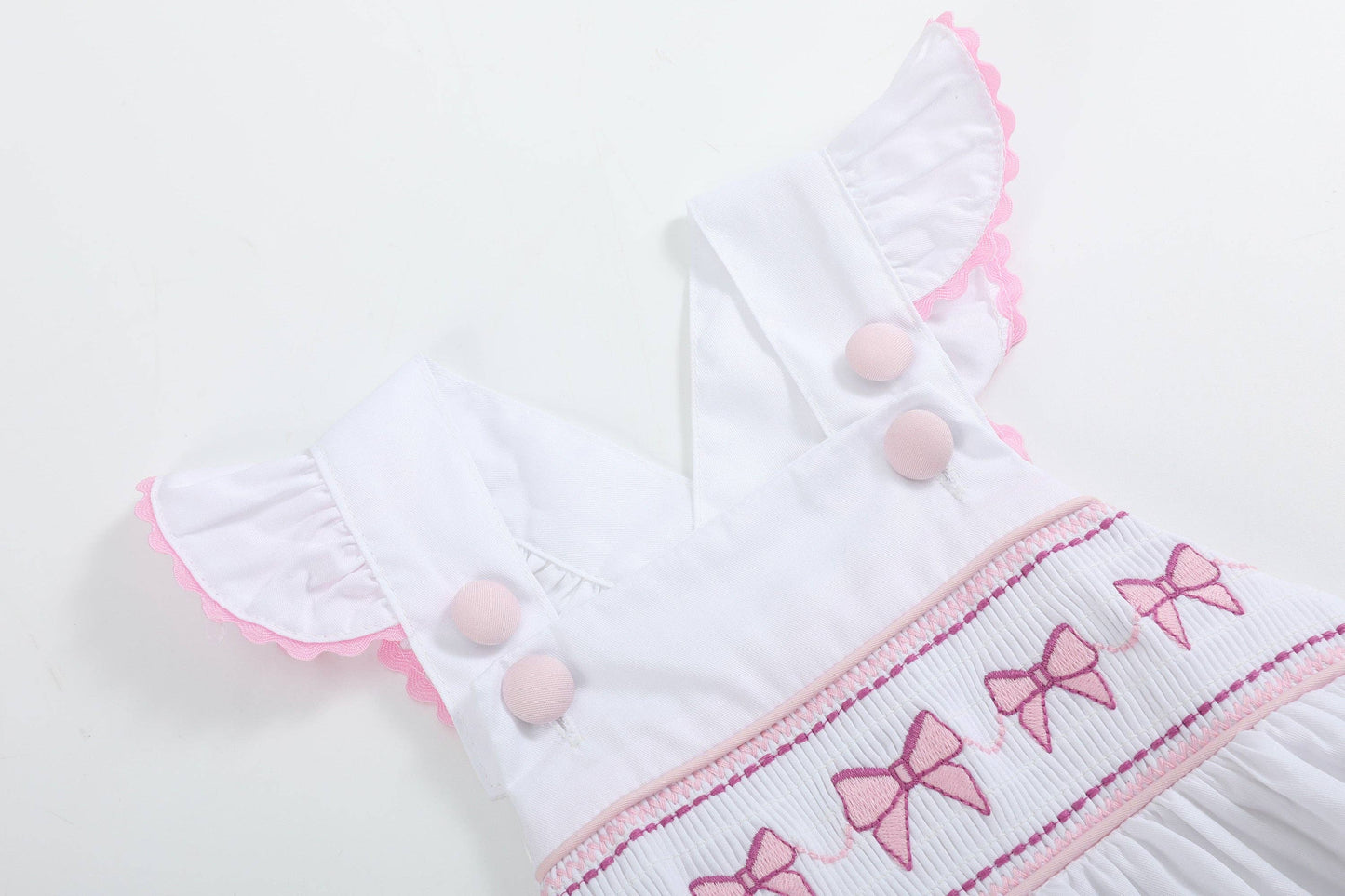 White and Pink Bows Smocked Ruffle Romper: 12-18M