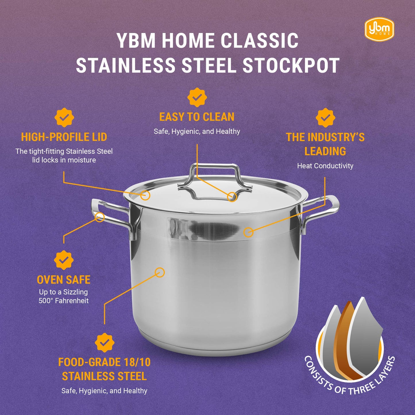 Classic Stainless Steel Large Stockpot with Lid, 12 16 21 Qt: 21 Quart