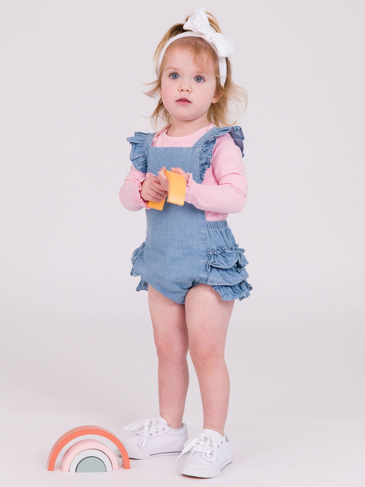 Baby Girls Light Wash Flutter Overall Romper: Blue / 12-18m