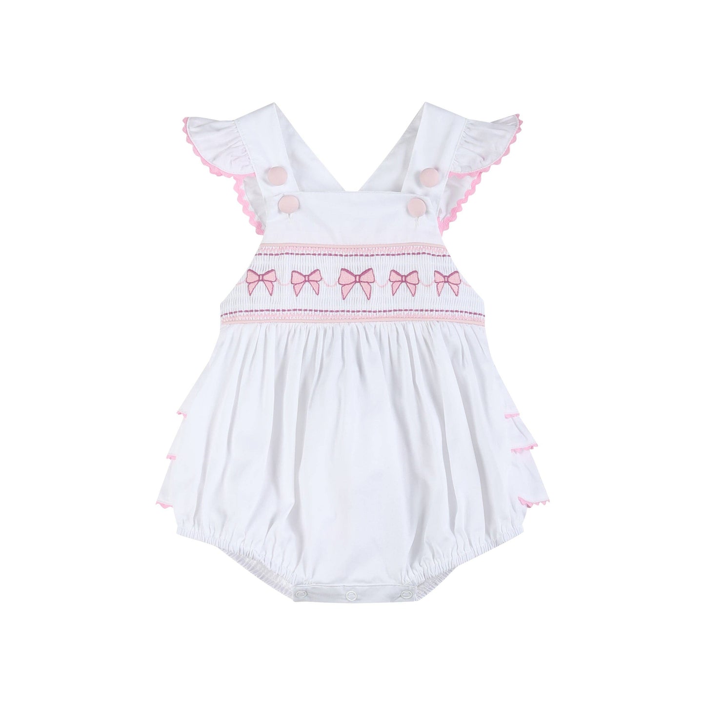 White and Pink Bows Smocked Ruffle Romper: 12-18M