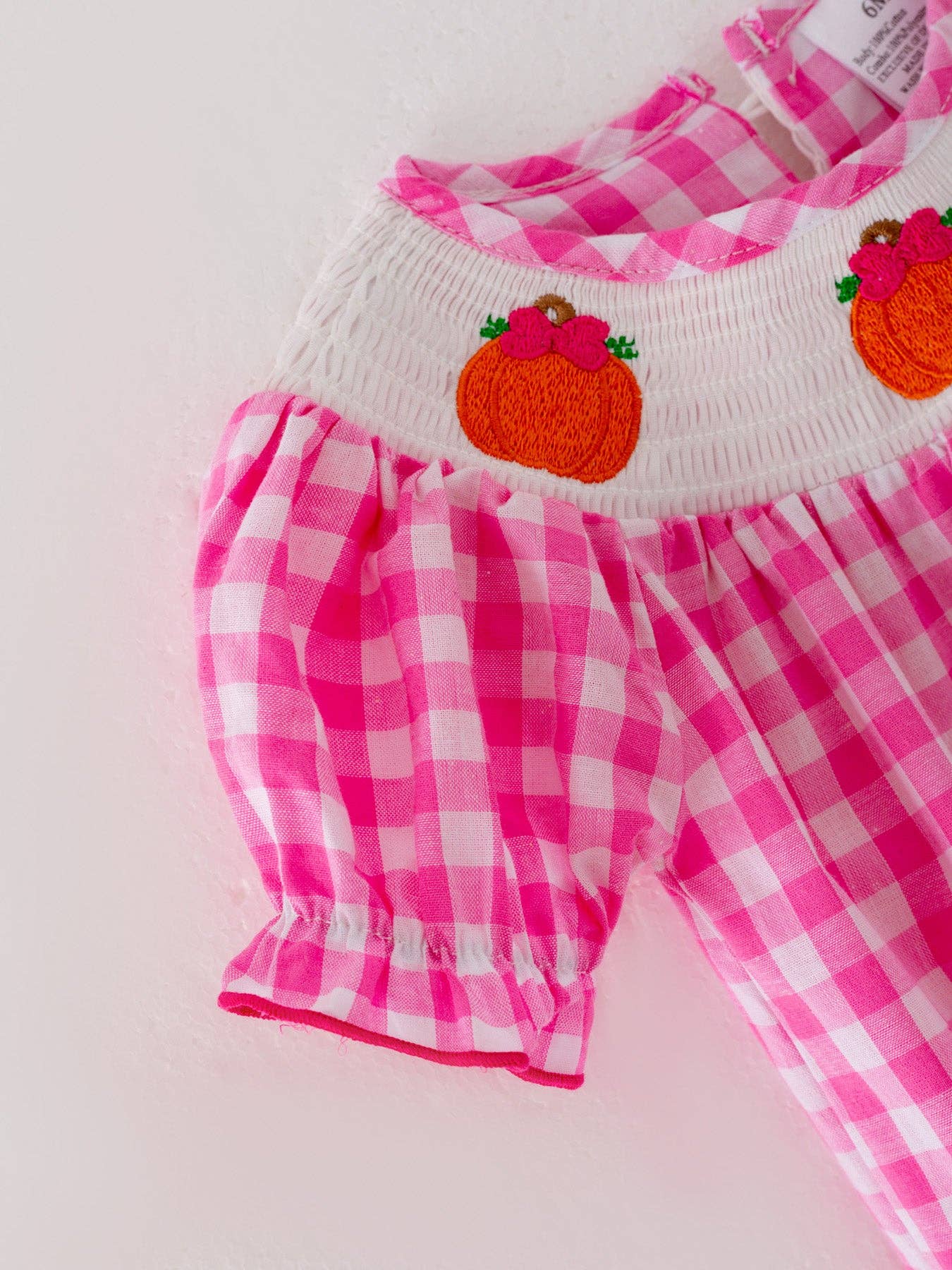 Halloween Pink Baby Girls Woven Smocking Embroidered Plaid Romper: 12M - Edwina Alexis