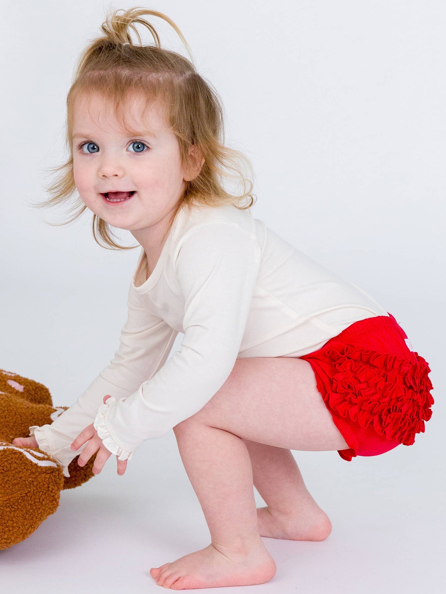Girls Ivory Knit Long Sleeve Ruffle Bodysuit: Off-White / 12-18m