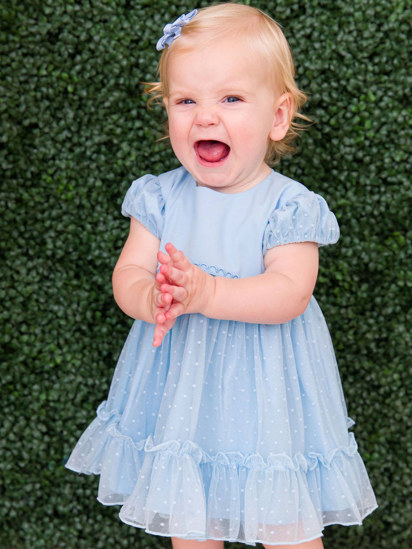 Baby Girls Light Blue Dotted Tulle Dress & RuffleButt Set: Blue / 12-18m
