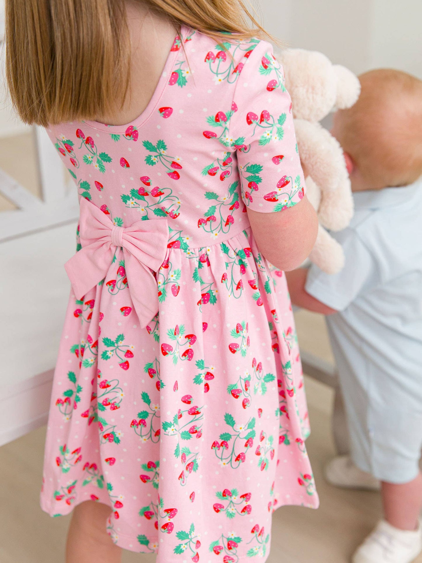 Girls Sweet As Strawberries Short Sleeve Knit Twirl Dress: Pink / 12-18m