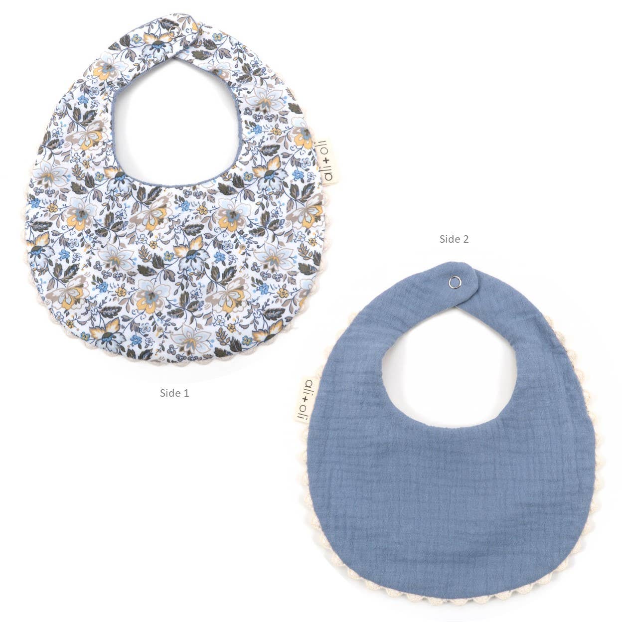 Muslin Cotton Reversable Baby Bib (Blue/Flowers) - Edwina Alexis
