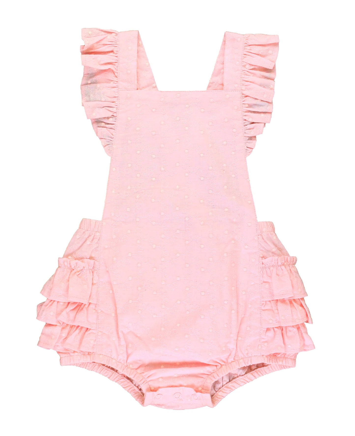 Girls Pink Embroidered Vintage Dot Flutter Overall Romper: Pink / 12-18m