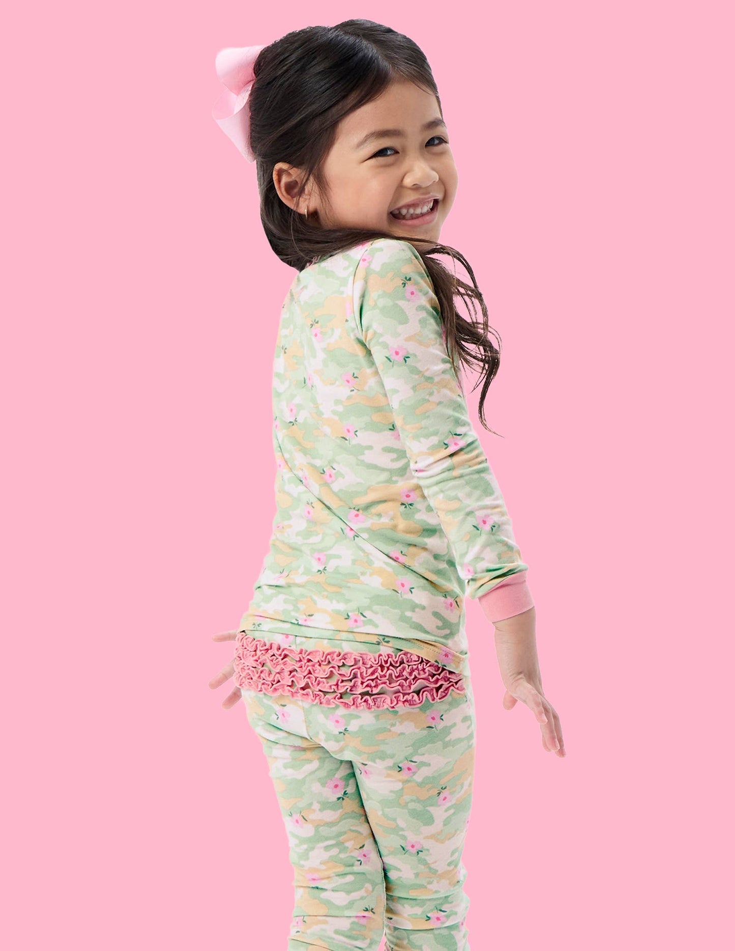 SoftSnooze™ Toddler Girls Cotton Modal Sage Blossom Camo Ruffle Long Sleeve Pajama Set with Signature Rear Ruffles