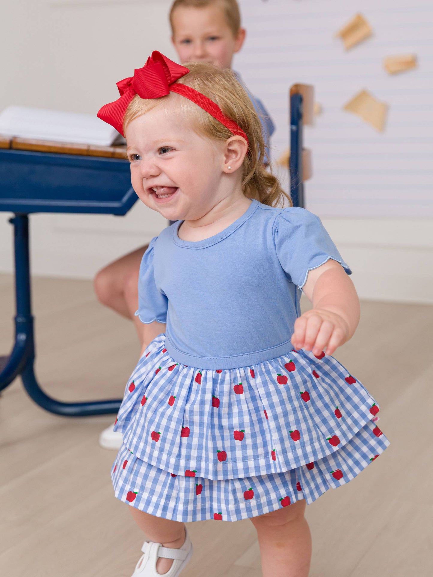 Baby Girls Apple Orchard Classic Gingham Short Sleeve Skirted Romper
: Blue / 12-18m