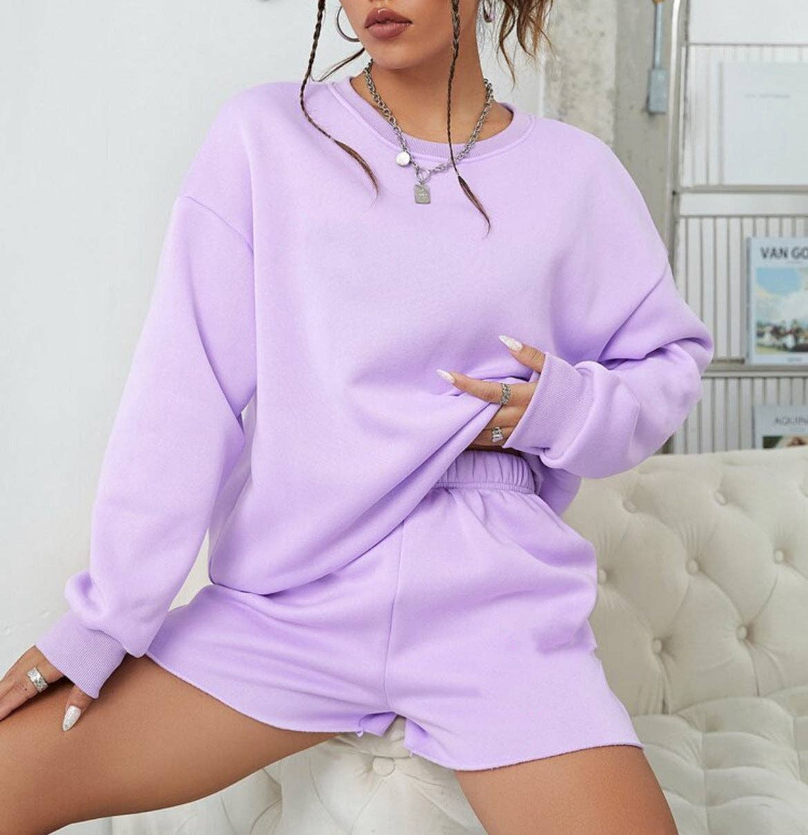 Long Sleeve Round Neck Sweat Suit Shorts Set: Off-white / L - Edwina Alexis