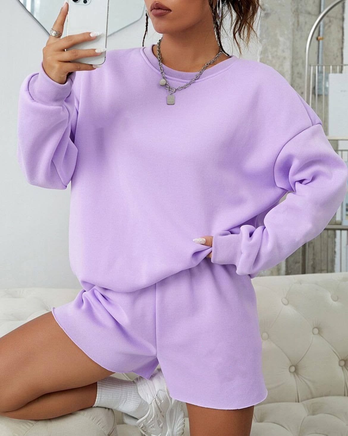 Long Sleeve Round Neck Sweat Suit Shorts Set: Off-white / L - Edwina Alexis