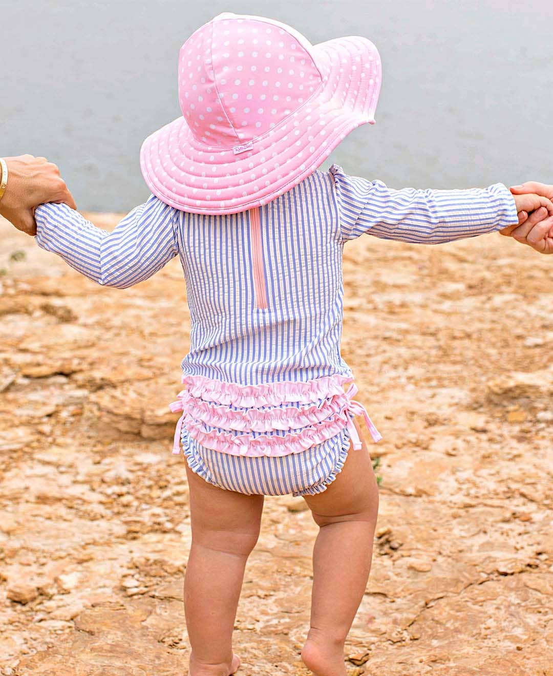 Baby Girls Periwinkle Blue Seersucker Long Sleeve One Piece Rash Guard Swimsuit with Signature Rear Ruffles