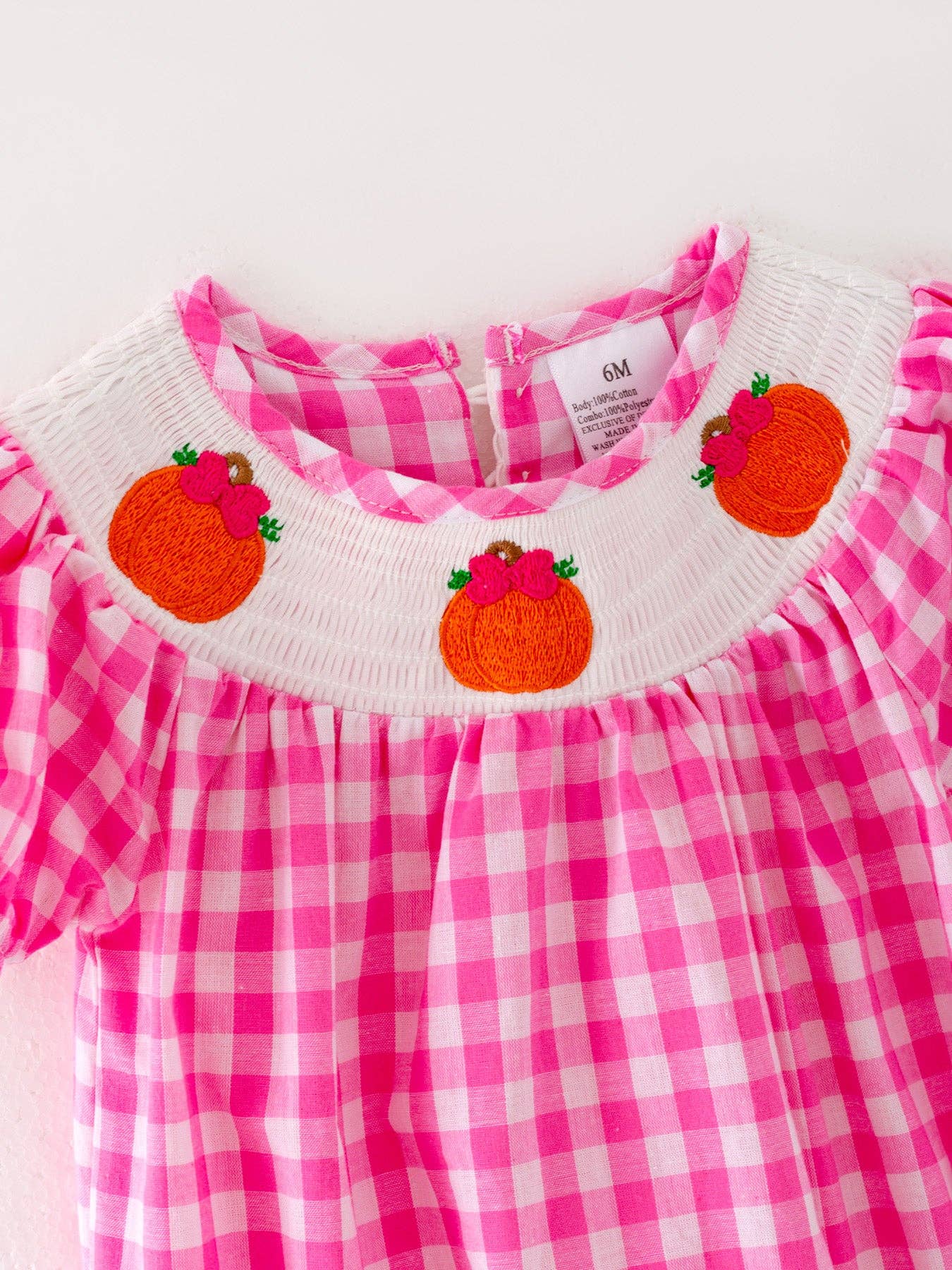 Halloween Pink Baby Girls Woven Smocking Embroidered Plaid Romper: 12M - Edwina Alexis