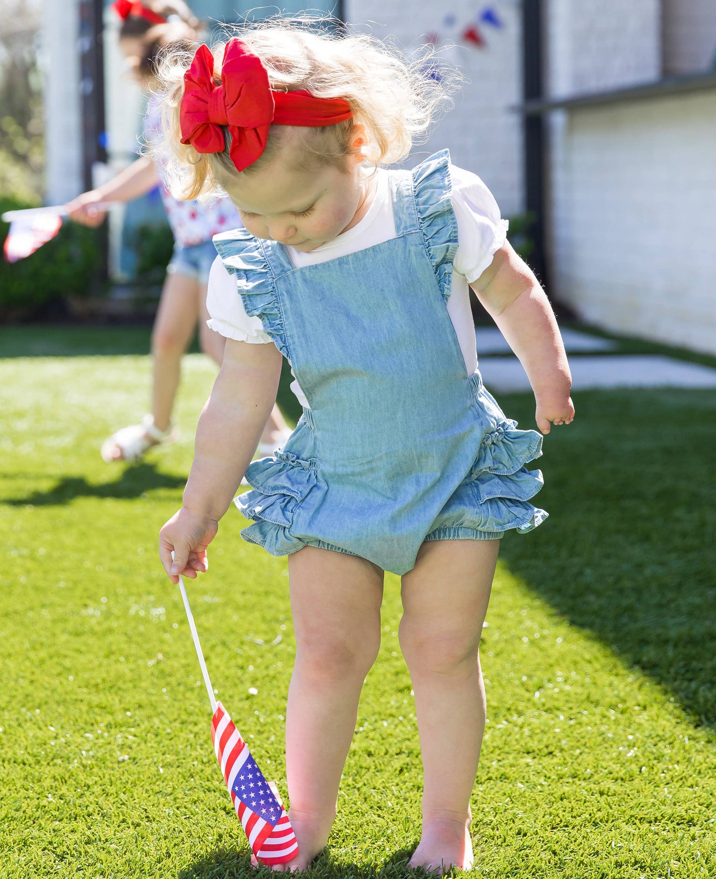 Baby Girls Light Wash Denim Flutter Overall Romper: Blue / 6-12m - Edwina Alexis