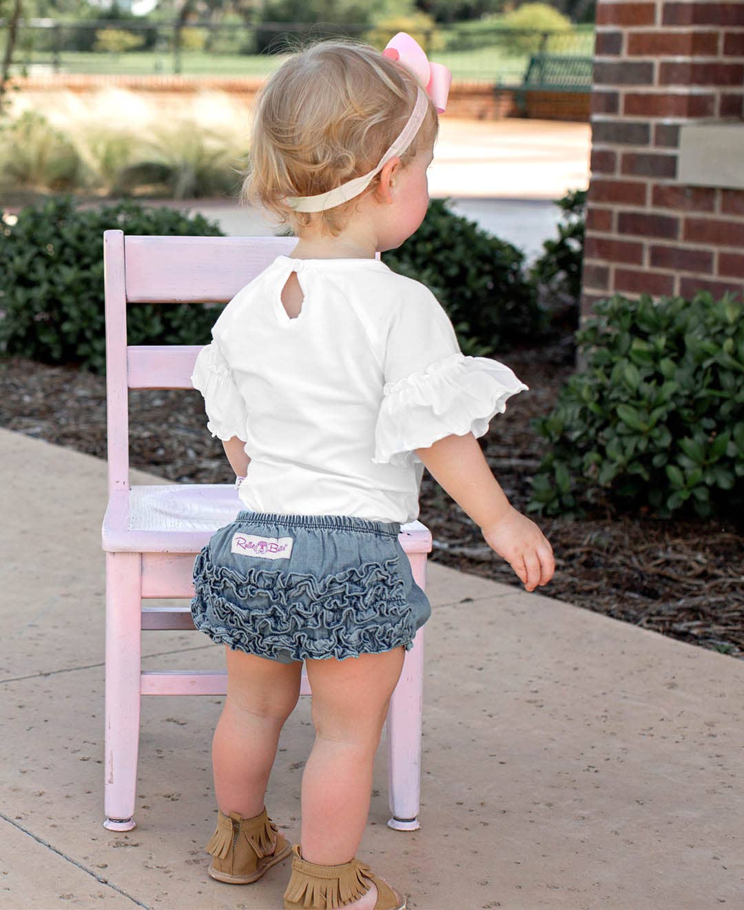 Baby Girls Light Wash Woven RuffleButt Bloomer: Blue / 12-18m