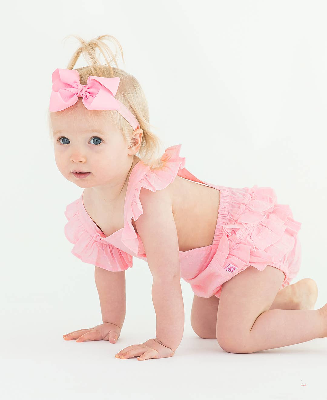 Girls Pink Embroidered Vintage Dot Flutter Overall Romper: Pink / 12-18m