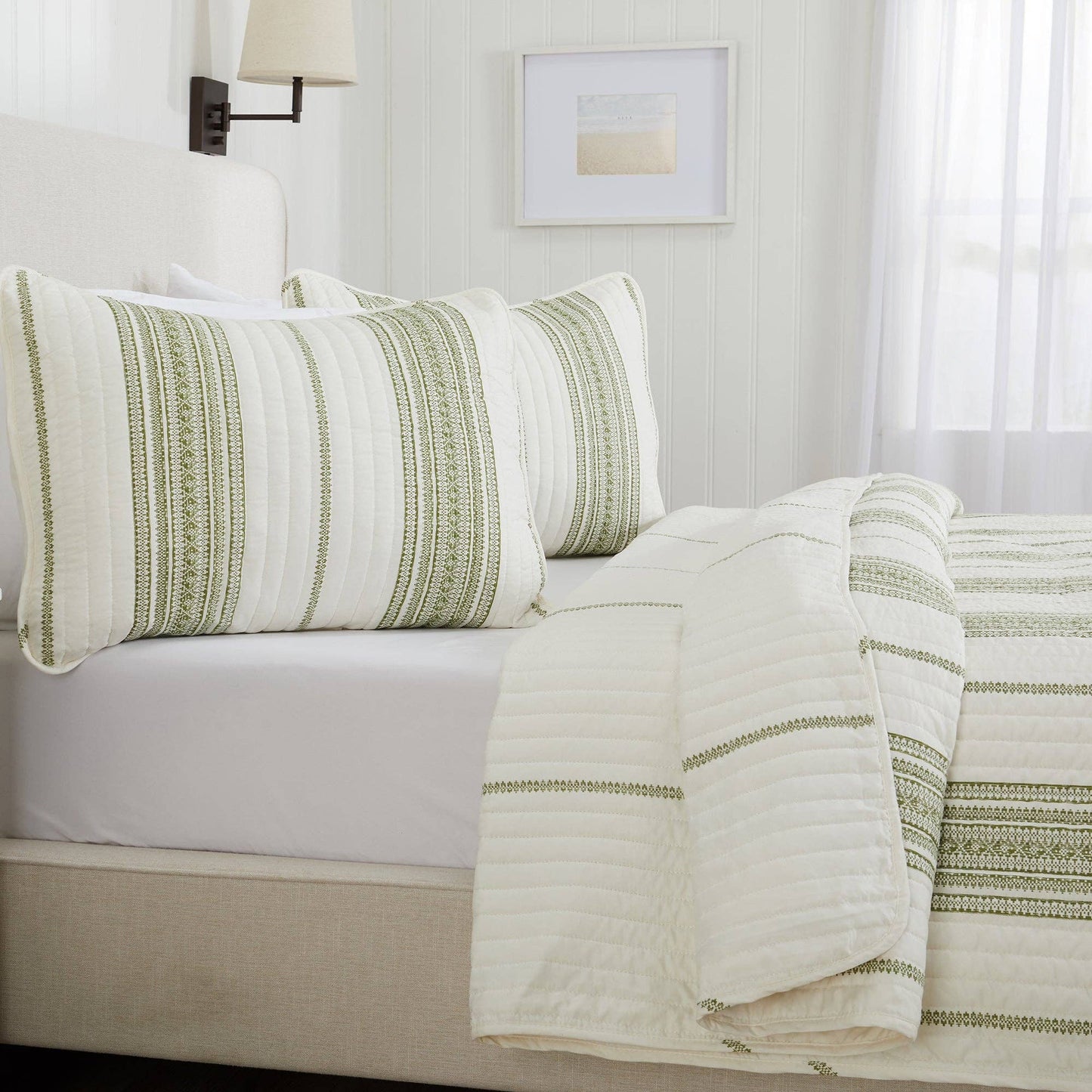 3-Piece Stripe Quilt - Wesley Collection: Wesley - White/Green / Twin - Edwina Alexis