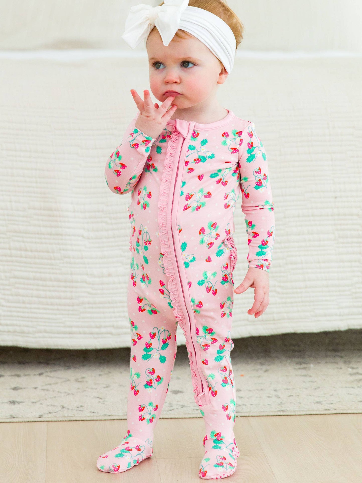 Baby Girls Sweet as Strawberries Bamboo Viscose Footed Ruffle One Piece Pajama: Pink / 6-12m - Edwina Alexis