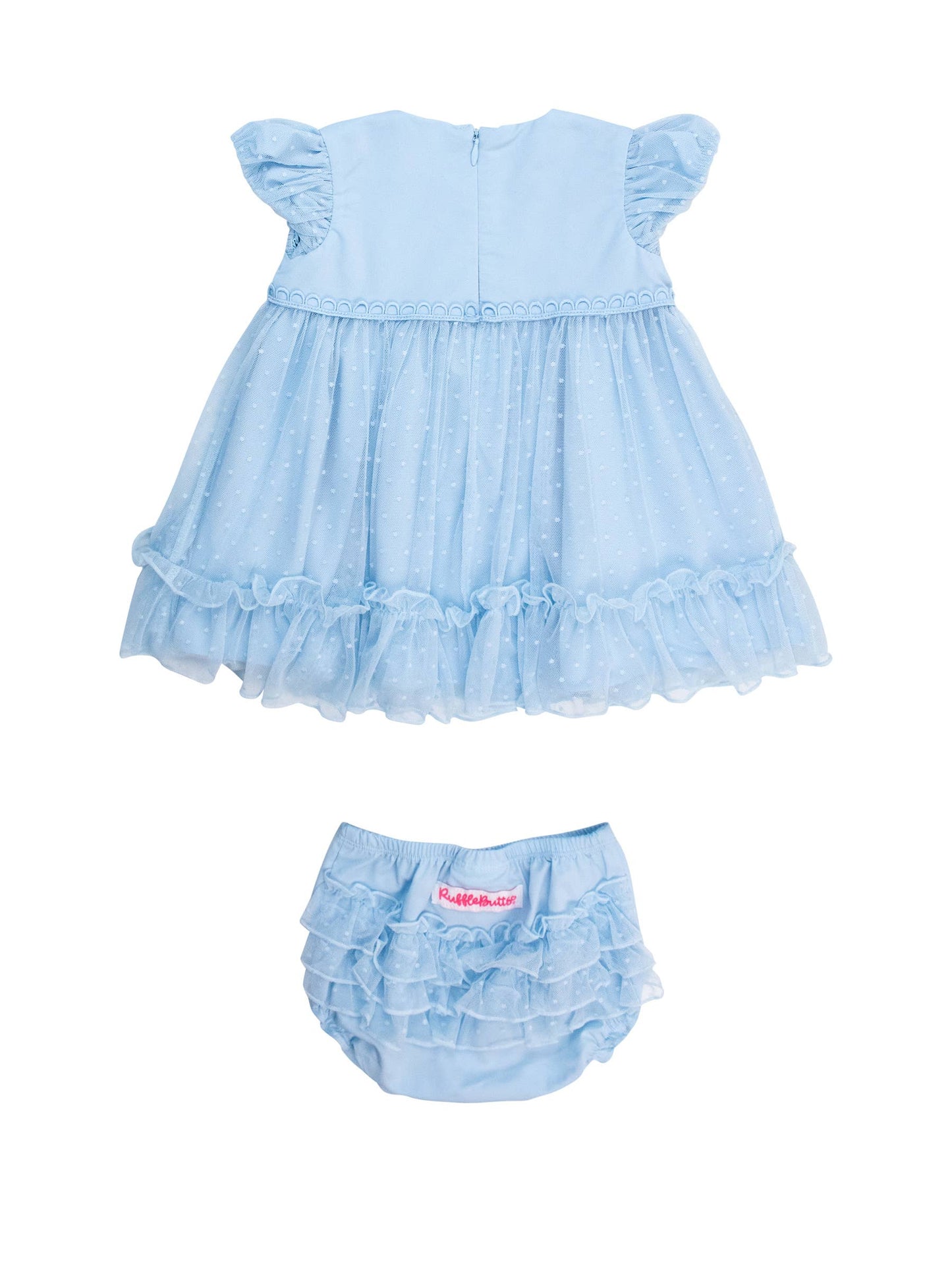 Baby Girls Light Blue Dotted Tulle Dress & RuffleButt Set: Blue / 12-18m