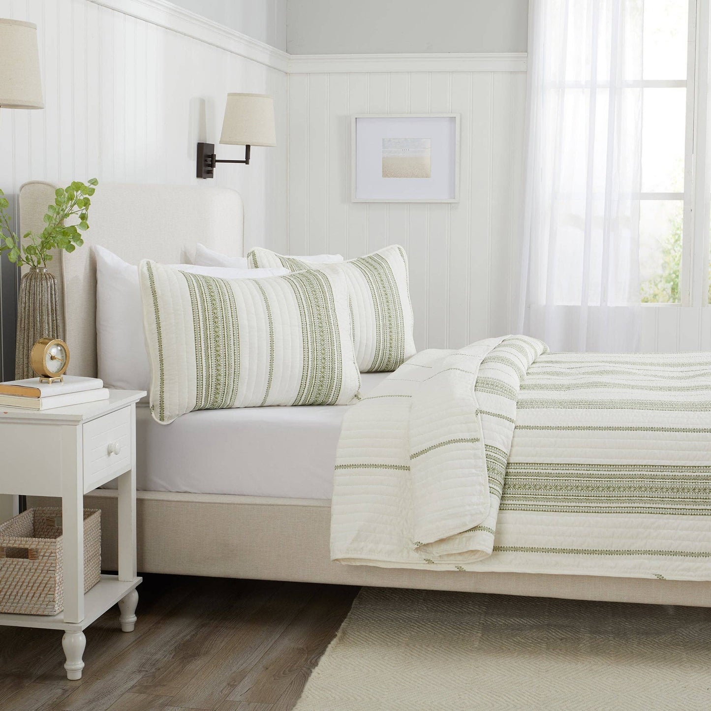 3-Piece Stripe Quilt - Wesley Collection: Wesley - White/Green / Twin - Edwina Alexis