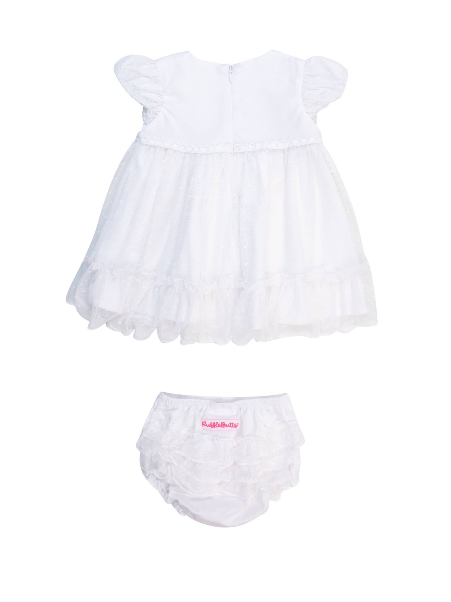 Baby Girls White Dotted Tulle Dress & RuffleButt Set: White / 12-18m
