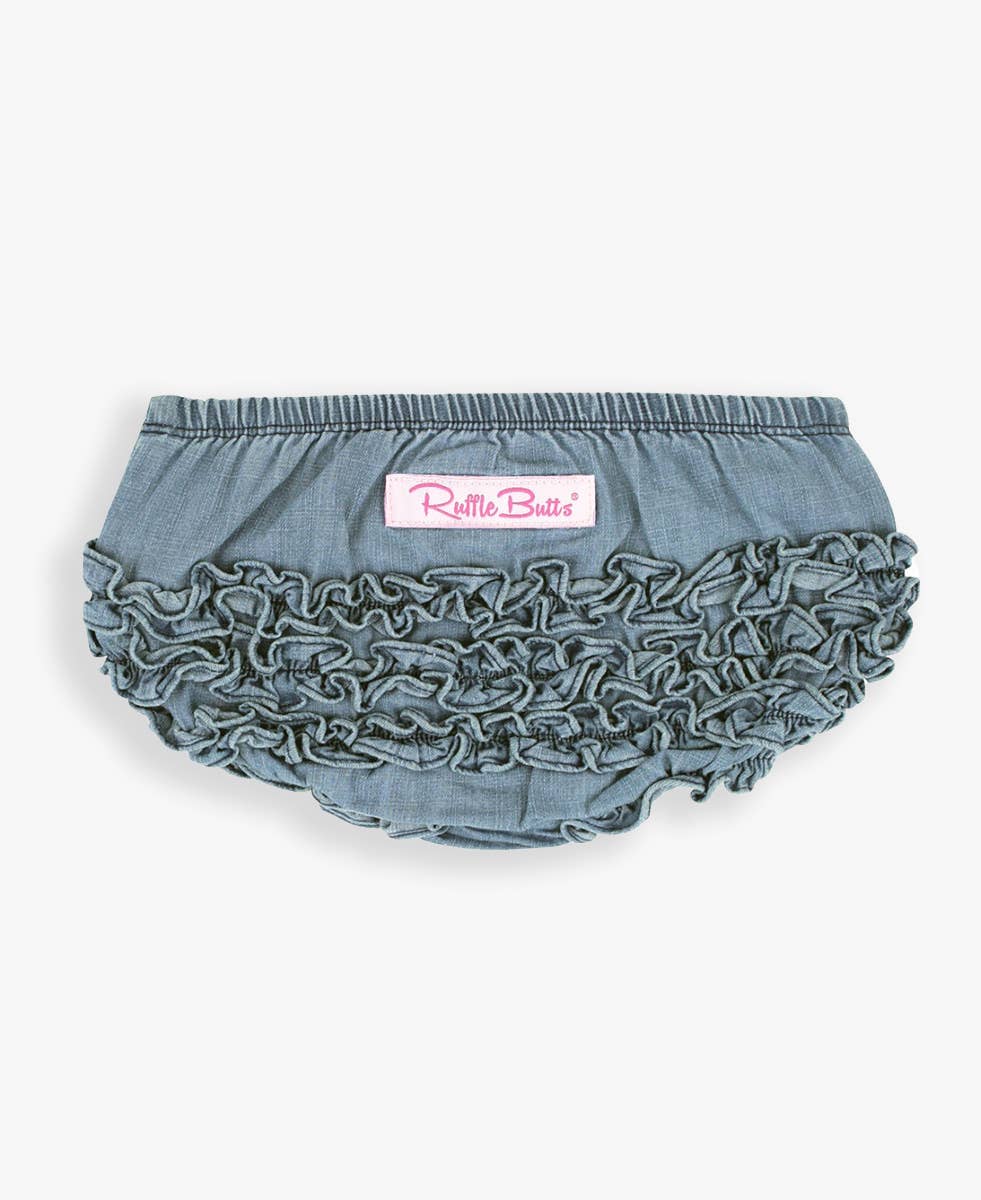 Baby Girls Light Wash Woven RuffleButt Bloomer: Blue / 12-18m