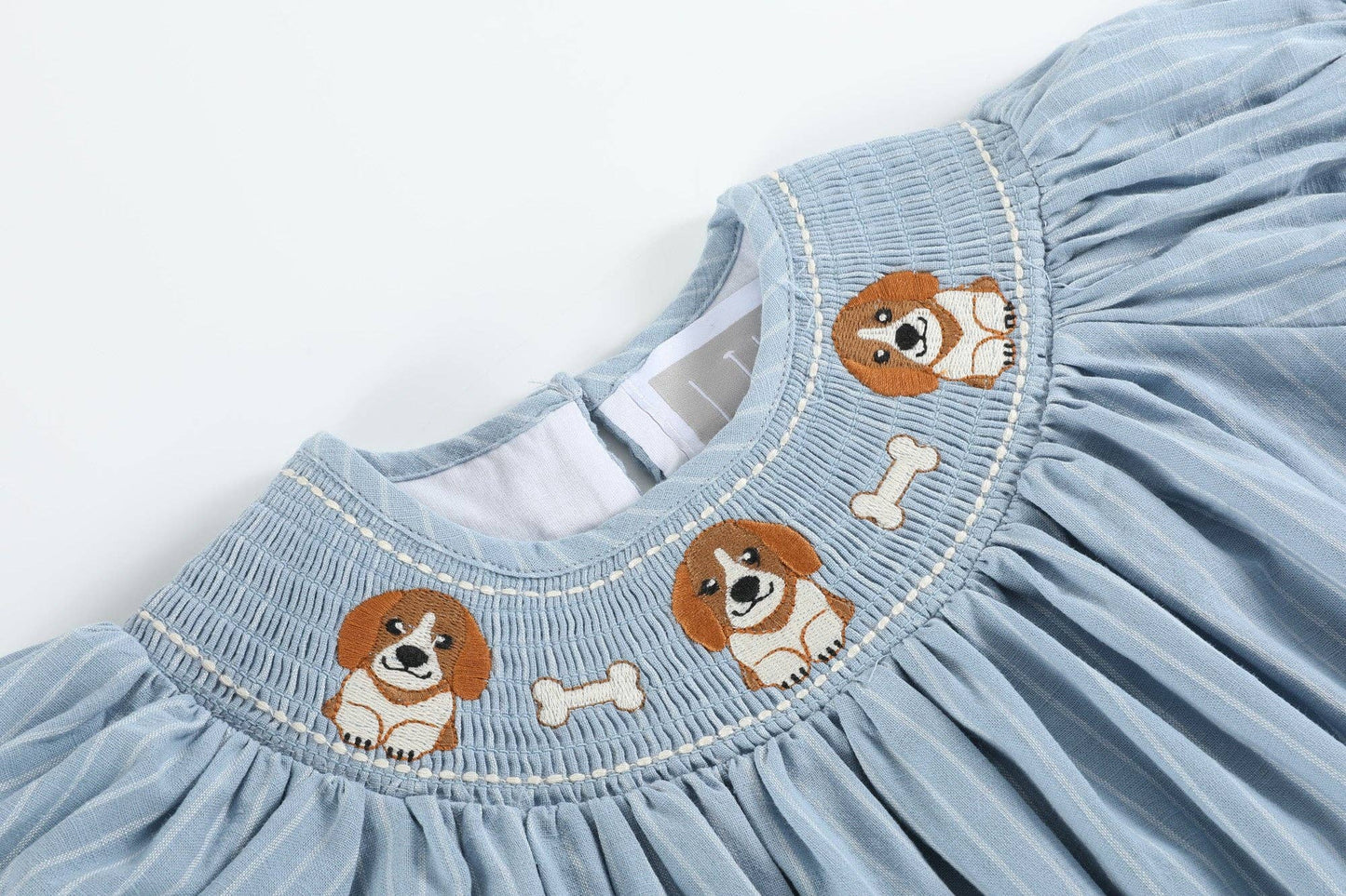 Light Blue Puppy Smocked Bishop Dress: 12-18M
