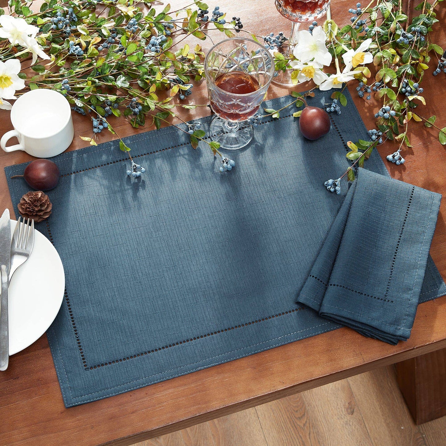 Alison Hemstitch Border Fabric Placemat, Set of 4 - 13"x19": Fog
