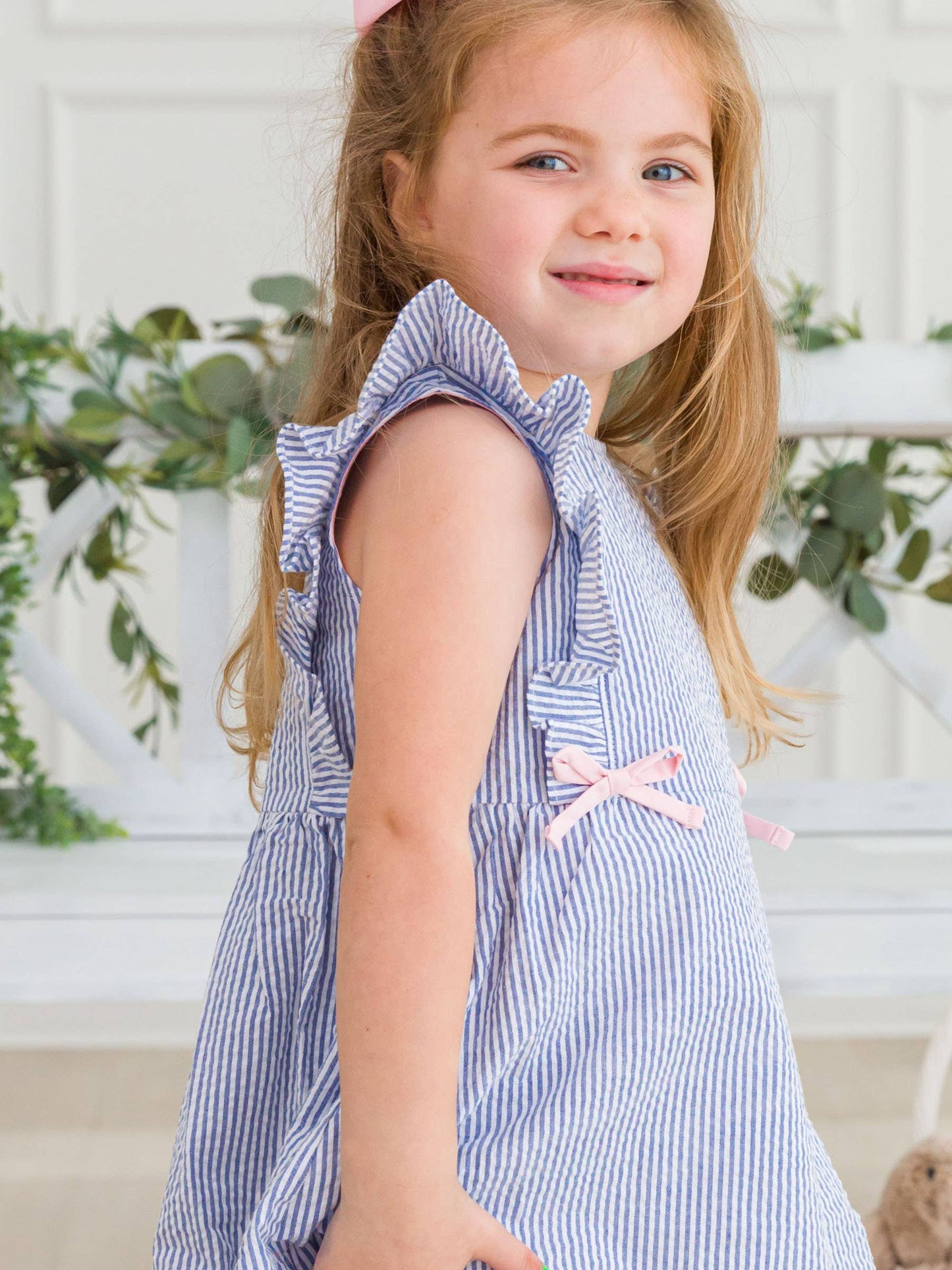 Girls Blue Seersucker Pinafore Bow Dress