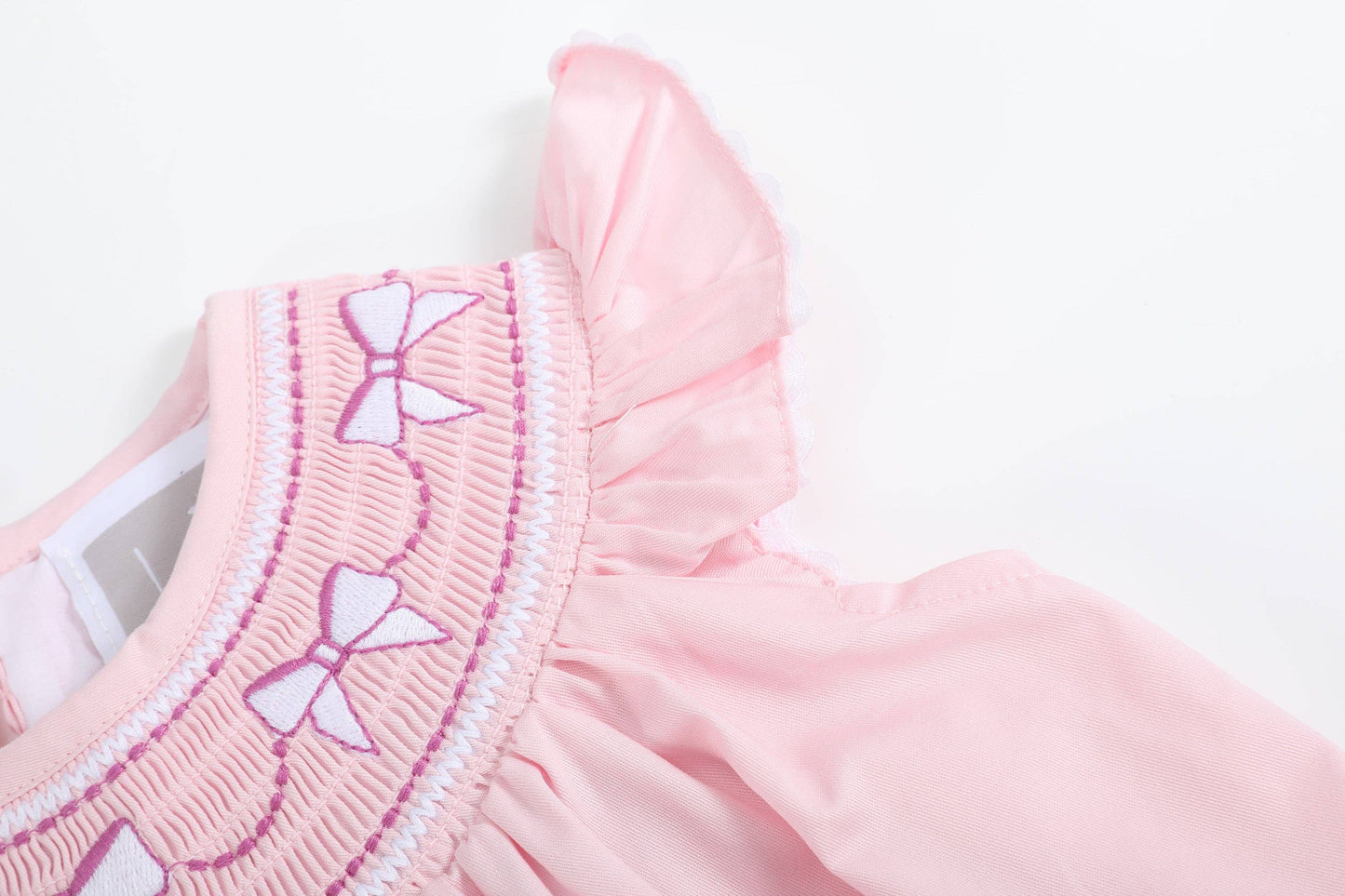 Pink and White Bows Smocked Bishop Dress: 12-18M