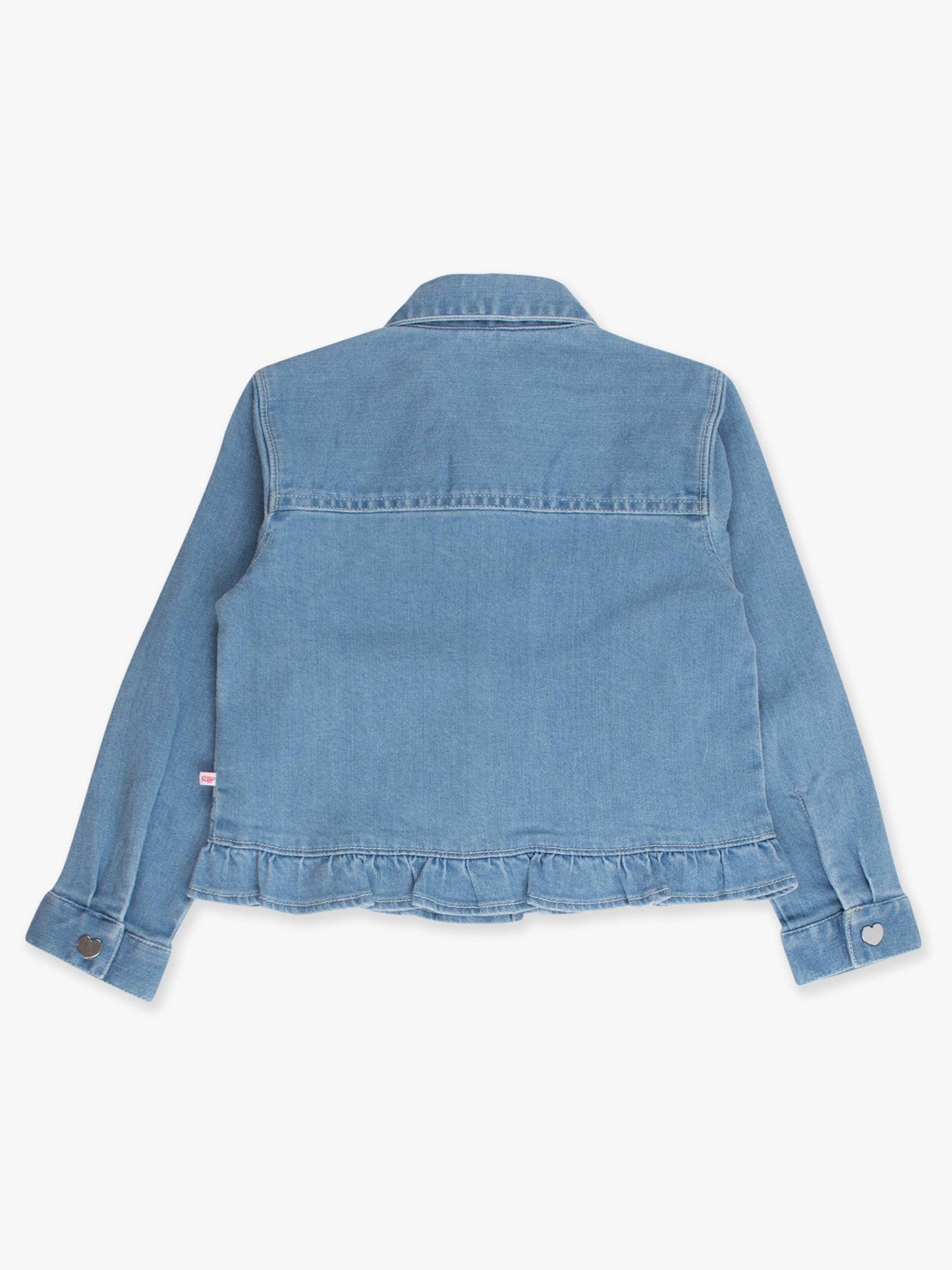Girls Light Wash Denim Stretch Denim Ruffle Jean Jacket with Heart Buttons
: Blue / 2T