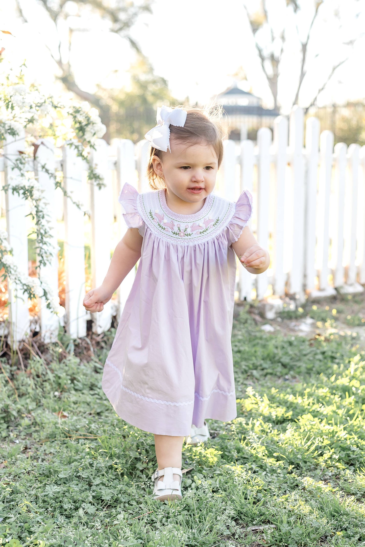 Light Purple Bunnies Smocked Bishop Dress: 18-24M