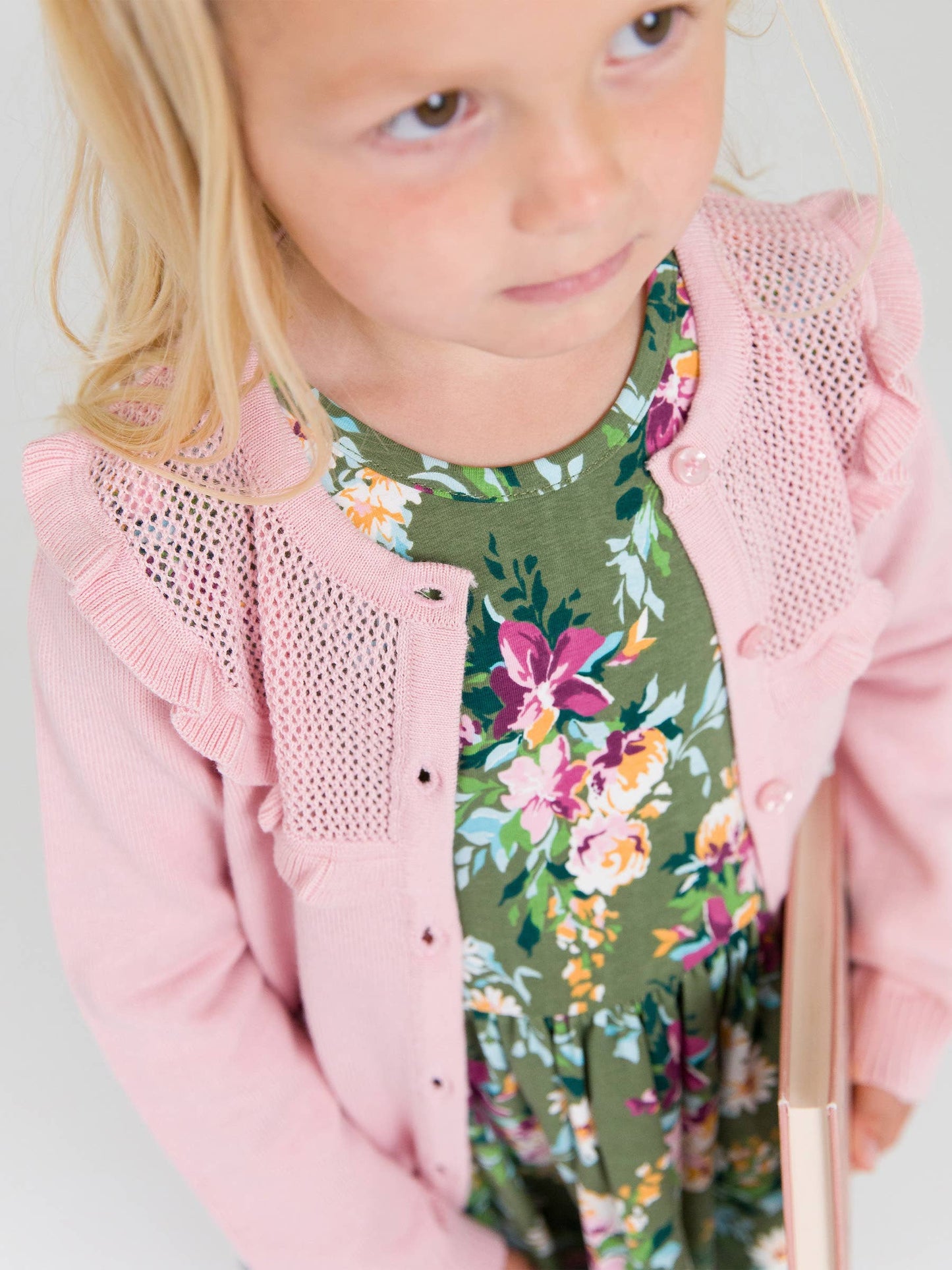Girls Pink Sweater Knit Ruffle Trim Cardigan: Pink / 12-18m