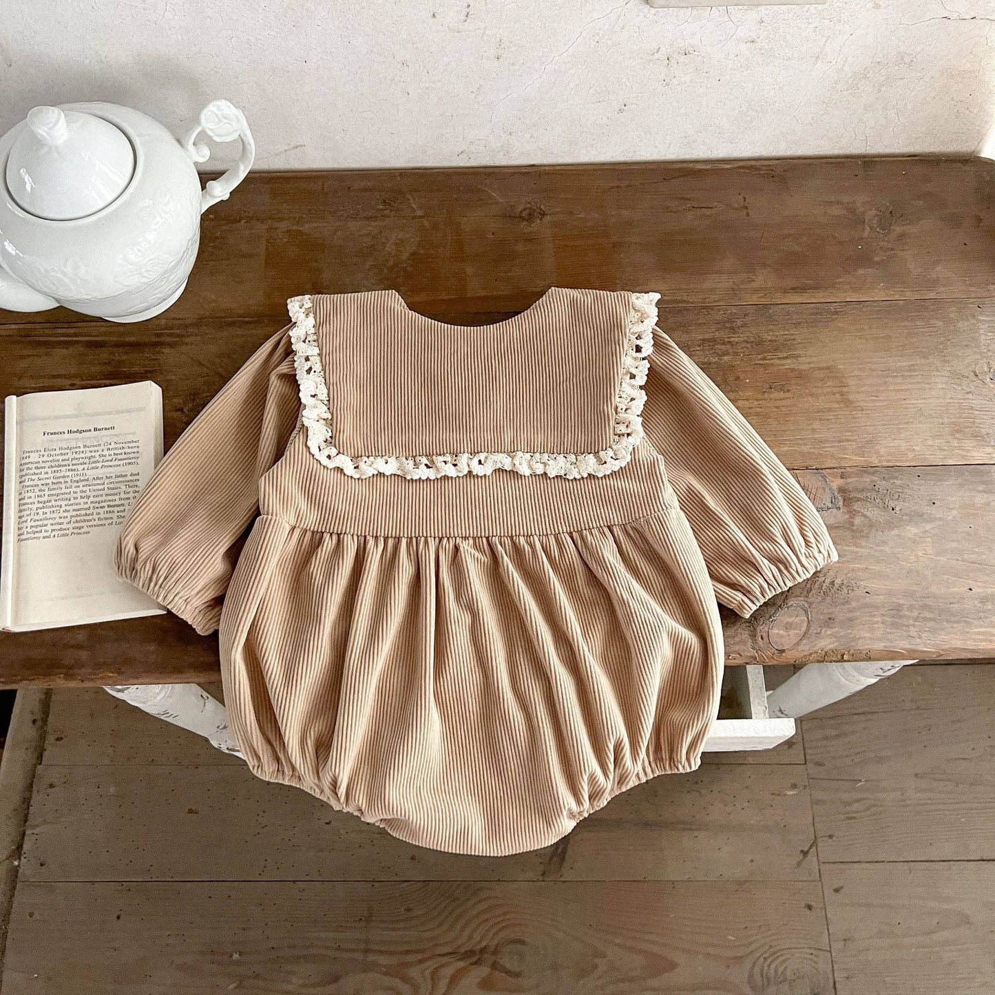 Baby Girls Pure Cotton Lace Collar Long Sleeves Corduroy One: Beige / 66 (3-6M) - Edwina Alexis