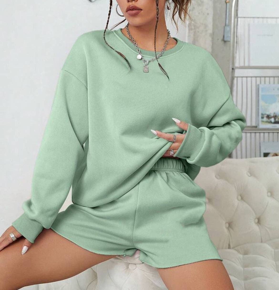 Long Sleeve Round Neck Sweat Suit Shorts Set: Off-white / L - Edwina Alexis