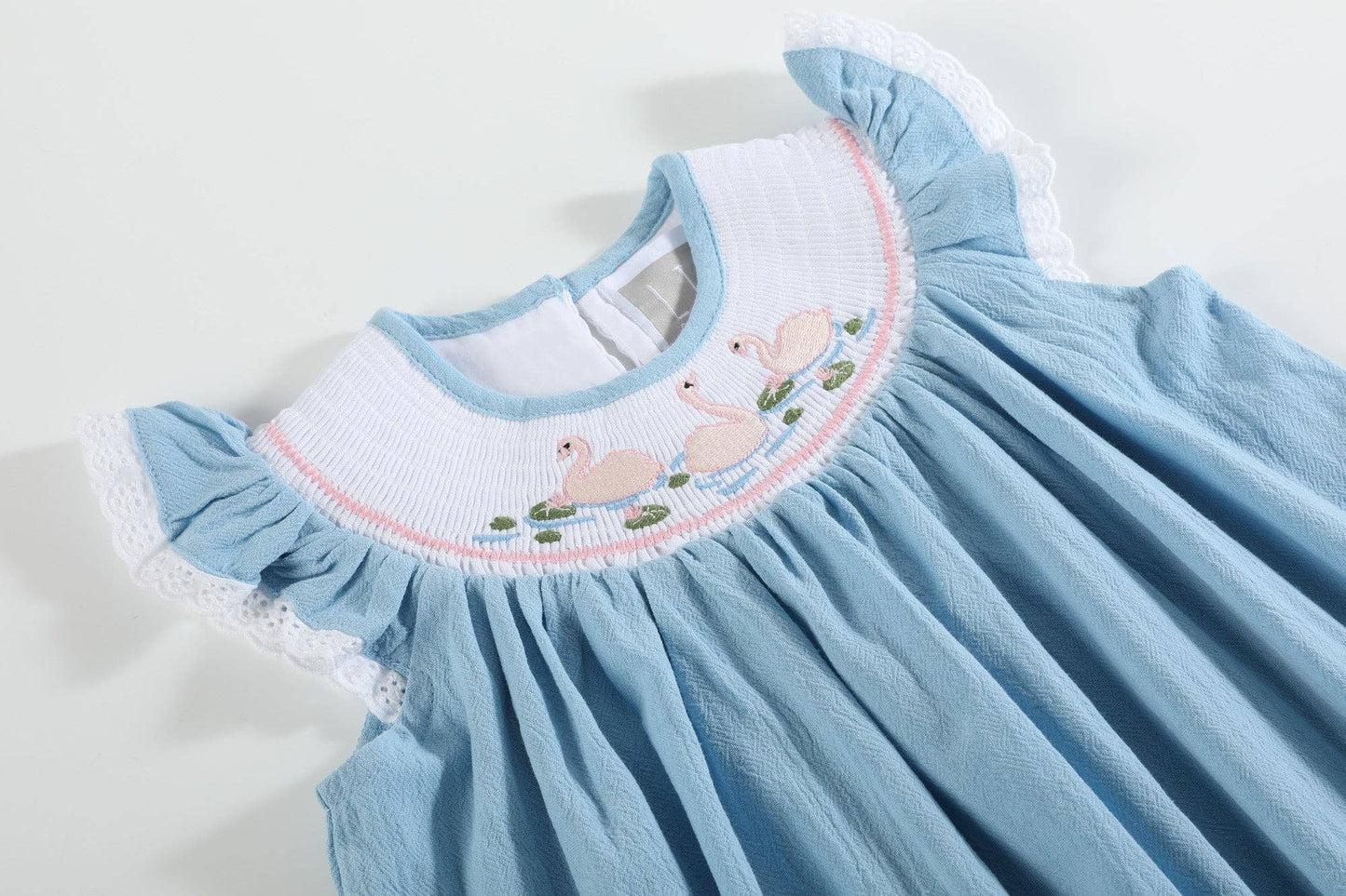 Light Blue Swan Smocked Bishop Dress: 18-24M