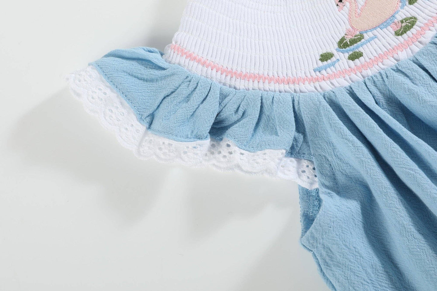 Light Blue Swan Smocked Bishop Dress: 18-24M