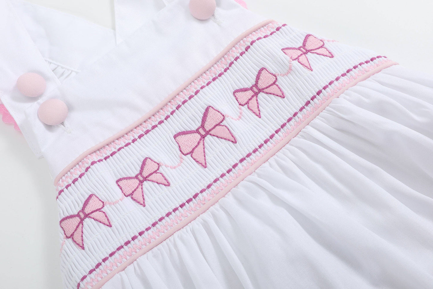 White and Pink Bows Smocked Ruffle Romper: 12-18M