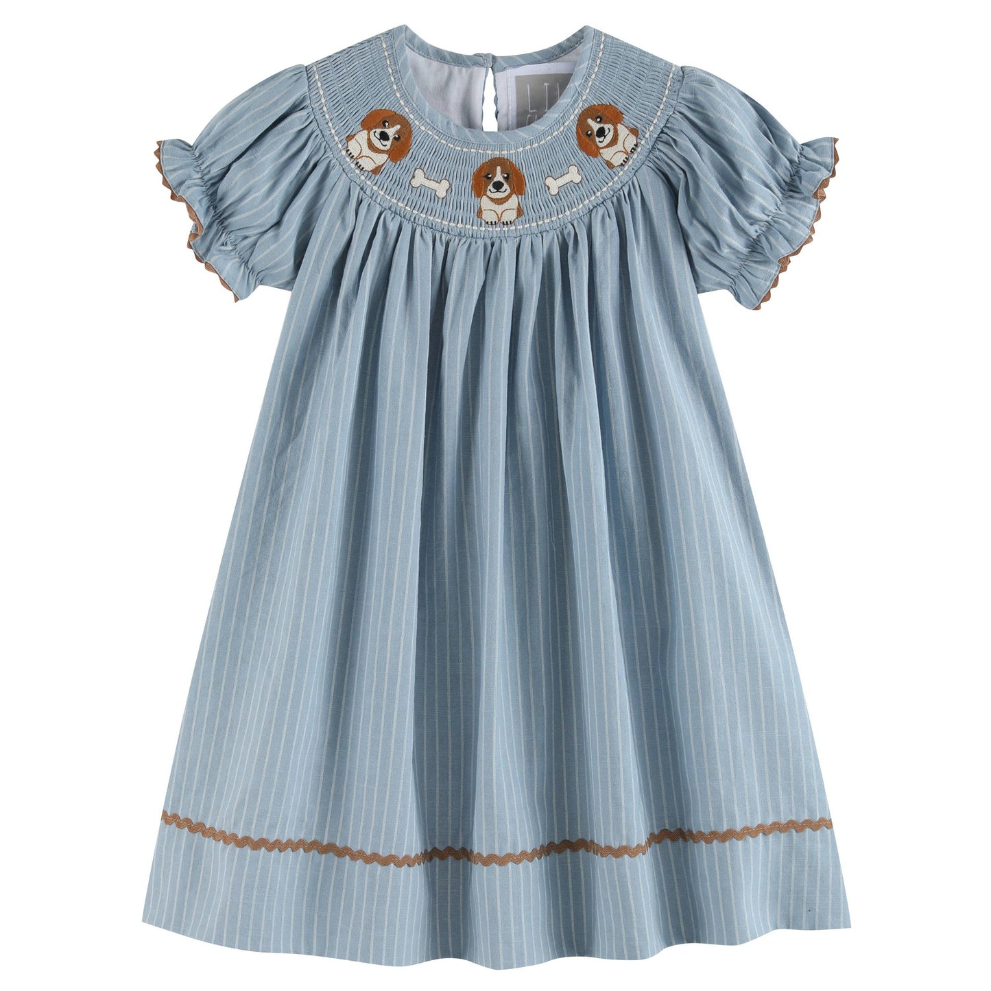 Light Blue Puppy Smocked Bishop Dress: 12-18M