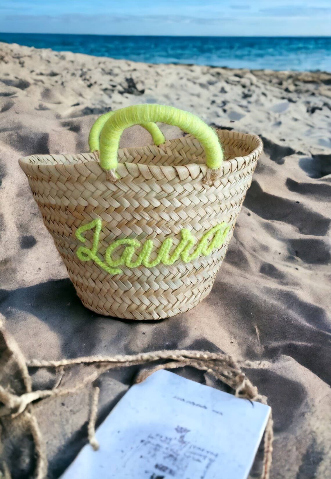 Personalized Straw Bag for Kids, Customized Straw Basket: Text + Handles - Edwina Alexis