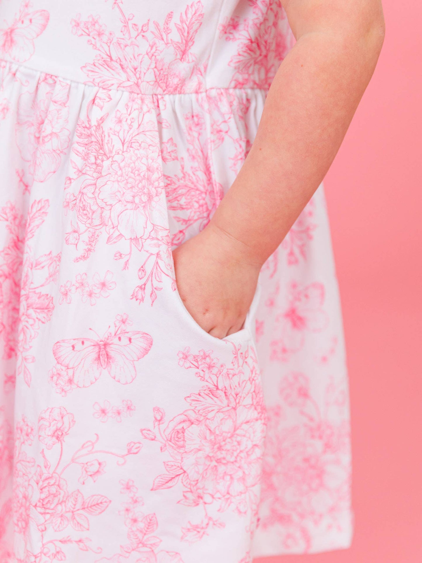 Girls Bubblegum Pink Butterfly Garden Toile Puff Short Sleeve Bow Twirl Dress
: Pink / 12-18m