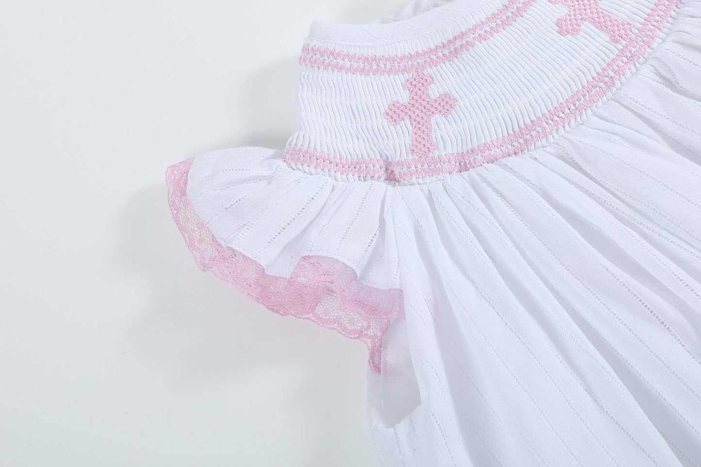 White and Pink Cross Smocked Bishop Dress: 12-18M