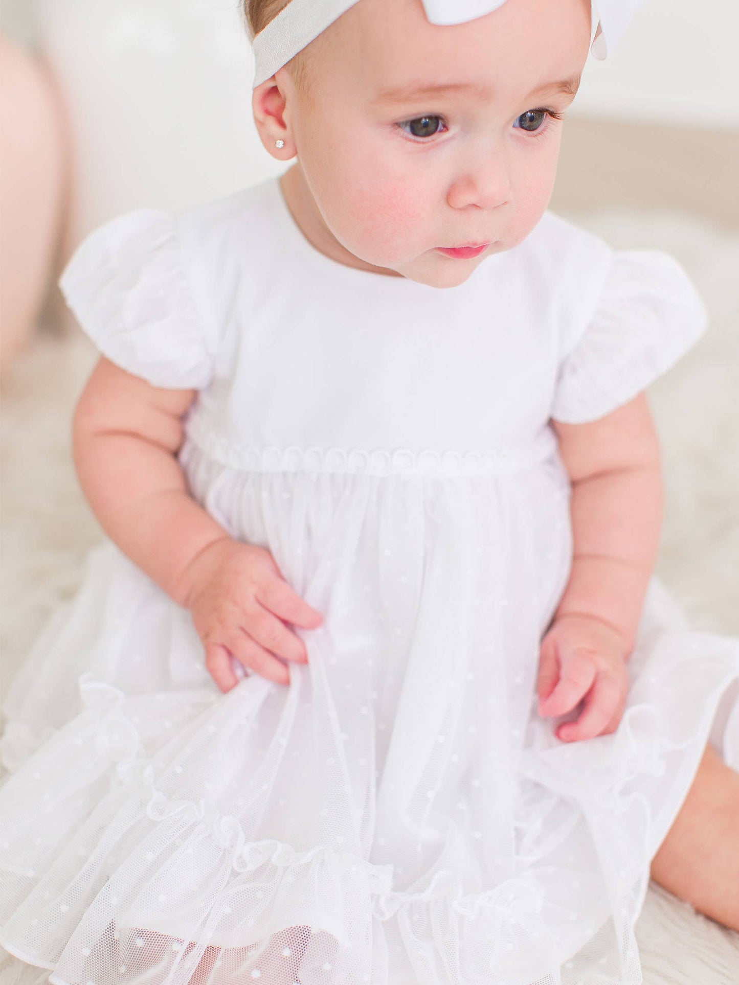Baby Girls White Dotted Tulle Dress & RuffleButt Set: White / 12-18m