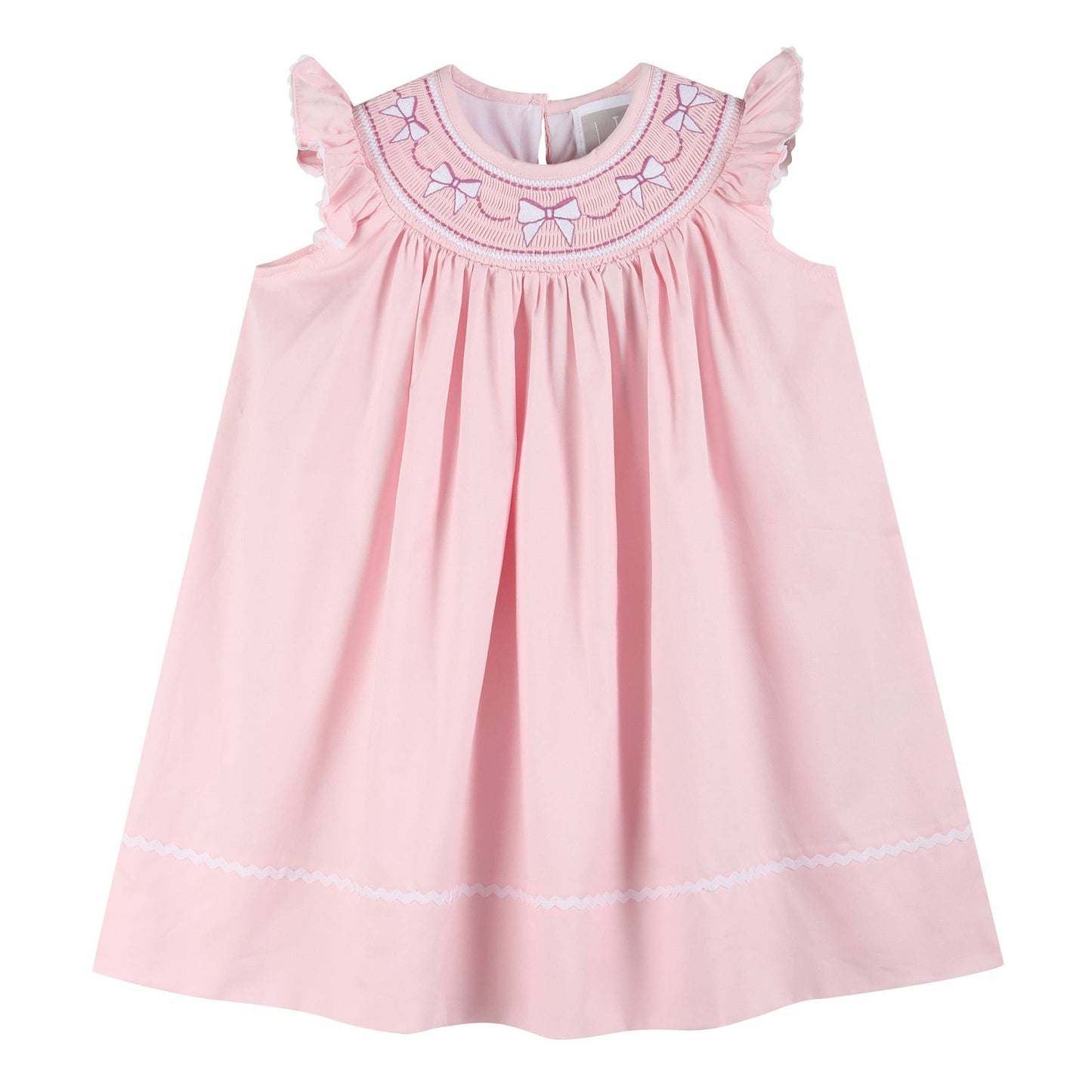 Pink and White Bows Smocked Bishop Dress: 12-18M