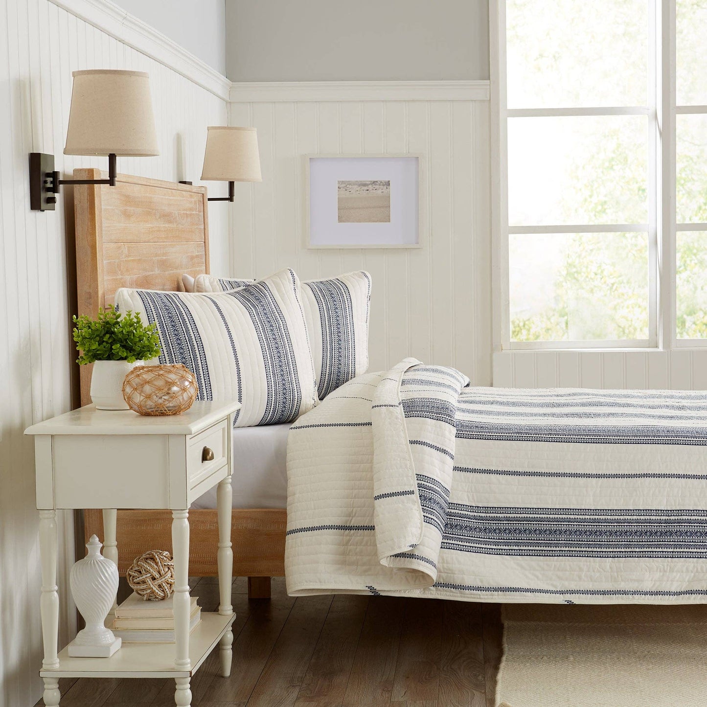 3-Piece Stripe Quilt - Wesley Collection: Wesley - White/Green / Twin - Edwina Alexis