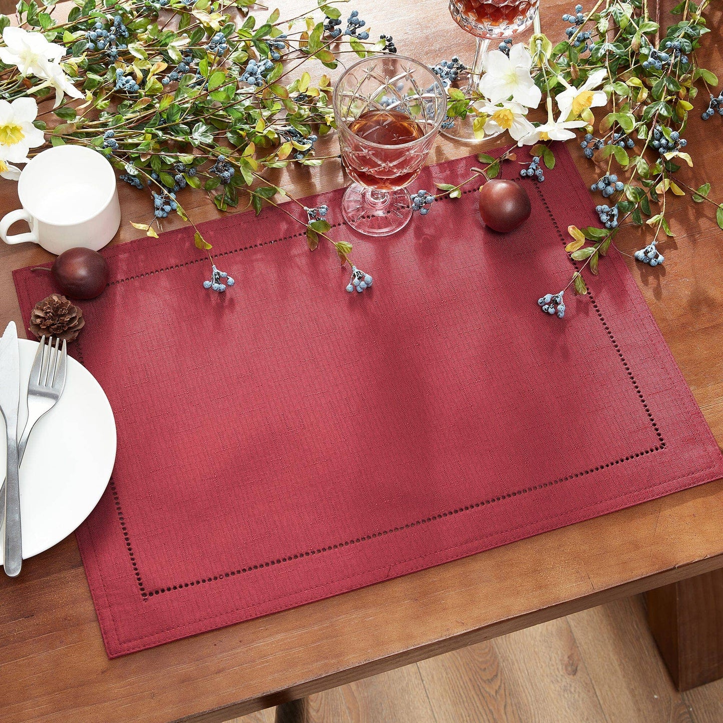 Alison Hemstitch Border Fabric Placemat, Set of 4 - 13"x19": Fog