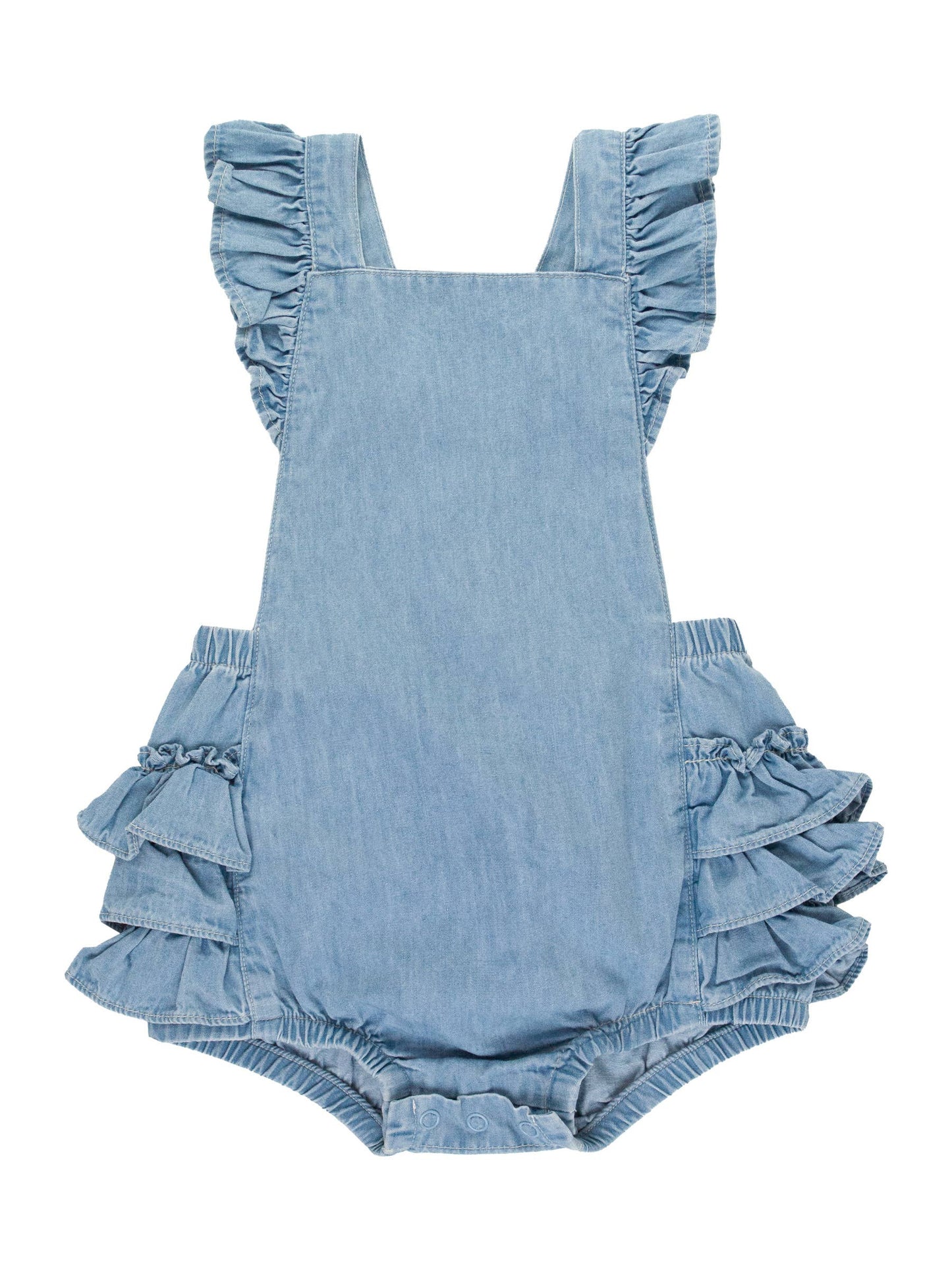 Baby Girls Light Wash Flutter Overall Romper: Blue / 12-18m
