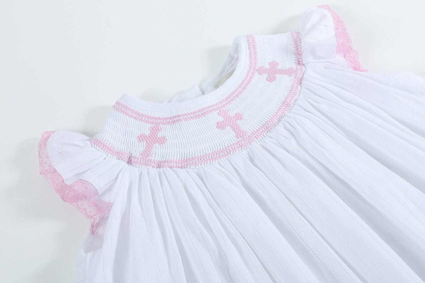 White and Pink Cross Smocked Bishop Dress: 12-18M